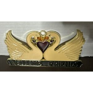 Vintage Stained Glass Welcome Friends Pair of Swans Heart Suncatcher